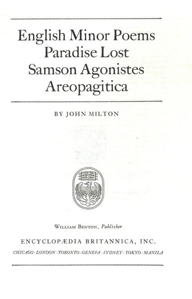 Great Books English Minor Poems - Paradise Lost - Samson Agonistes - Areopagitica