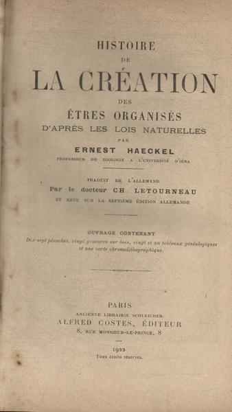 Histoire De La Création Des Êtres Organisés D'après Les Lois Naturelles