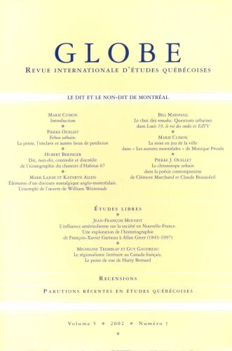 Globe: Revue International d´Études Québécoises (Volume 5, Número 1)