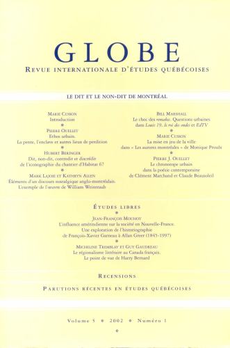 Globe: Revue International d´Études Québécoises (Volume 5, Número 1)