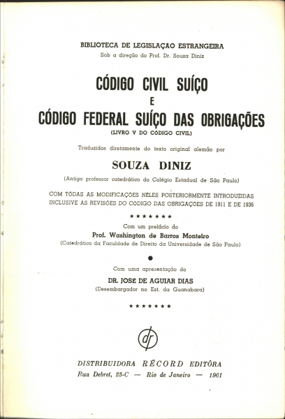 Código Civil Suiço - E Código Federal Suiço das Obrigações