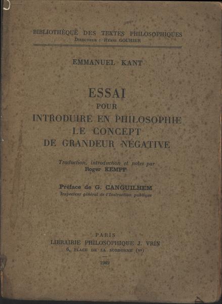 Essai Pour Introduire En Philosophie Le Concept De Grandeur Négative