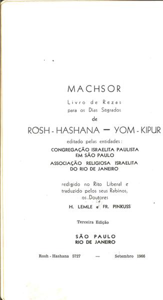 Machsor - Livro De Rezas Para Os Dias Sagrados De Rosh-hashana - Yom-kipur