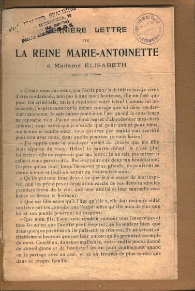 Dernière Lettre De La Reine Marie-antoinette À Madame Élisabeth